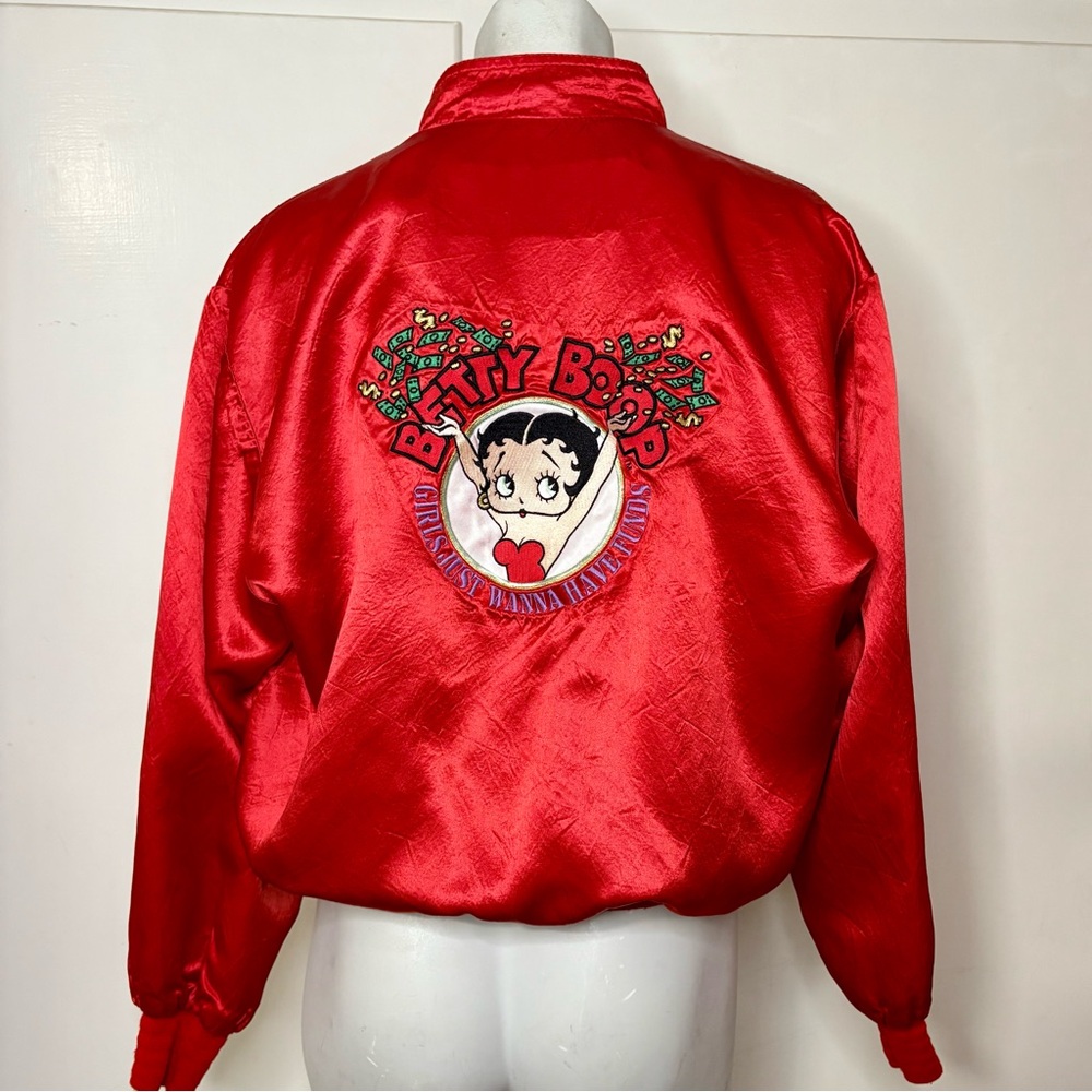 Vintage 90s Betty Boop MGM Grand Casino Red Satin Zip Up Bomber Jacket
